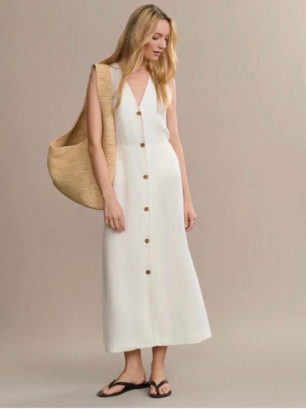 MANGO MNG White V-Neck Button Down Midi Dress Coastal Summer Linen S